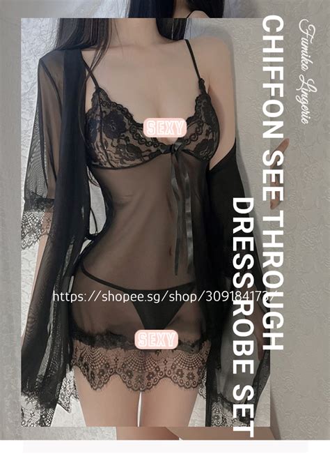 SG Stock Fumiko See Through Night Dress Lace Robe Pyjama Set Sexy