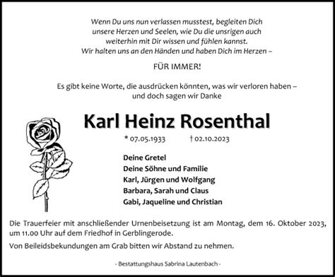 Traueranzeigen Von Karl Heinz Rosenthal Trauer Anzeigen De