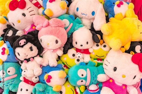 Tokyo Japan Apr 16 2024 Bunch Of Multi Colored Plushies Of Sanrio Characters Like Hello