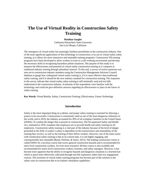 Pdf The Use Of Virtual Reality In Construction Safety Training