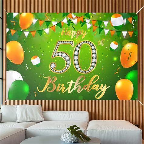 Happy 50th Birthday Backdrop Banner Decor Green Glitter