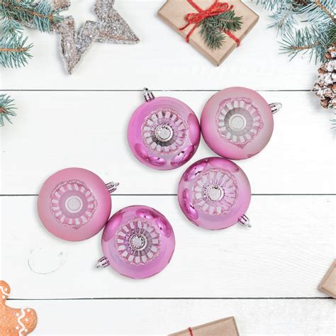 5ct Pink Retro Reflector Shatterproof 2 Finish Christmas Ball Ornaments 325 80mm Christmas