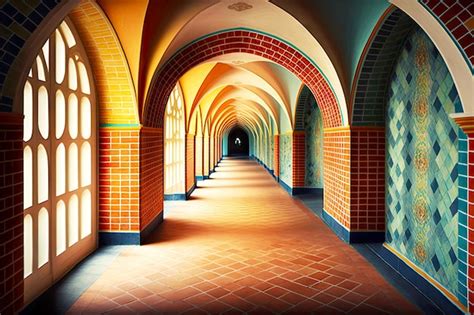 Pasaje De Arco Brillante Con Ventanas Arqueadas En Paredes De Azulejos