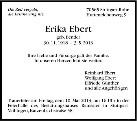 Traueranzeigen Von Erika Ebert Stuttgart Gedenkt De