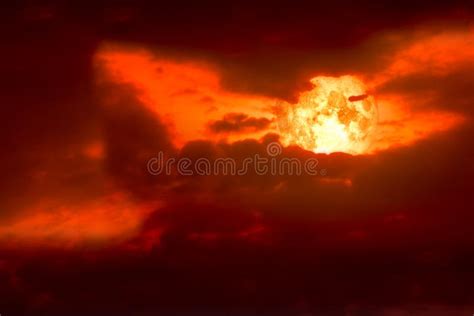 Full Blood Moon Back Space Silhouette Dark Red Cloud On Sky Stock Photo