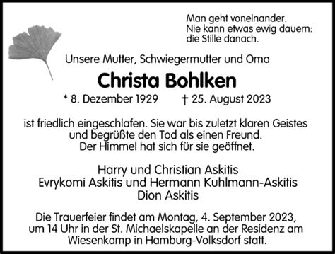 Traueranzeigen Von Christa Bohlken Hamburgertrauer De