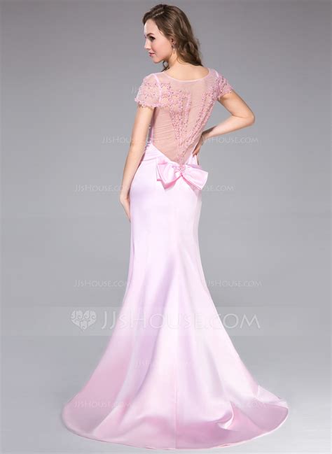 Trumpet Mermaid Scoop Neck Sweep Train Satin Evening Dress With Beading