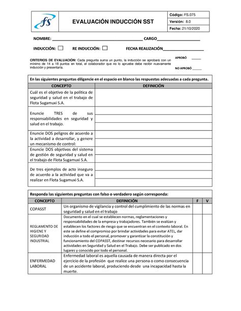 Evaluacion Induccion DE SG SST EVALUACIÓN INDUCCIÓN SST Código FS