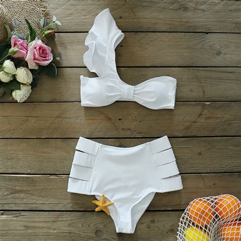 Sexy White Bikinis Women High Waist Swimsuit Shoulder Ruffle Push Up