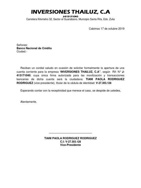 Carta Para Apertura Cuenta Bnc Firma Unica Pdf