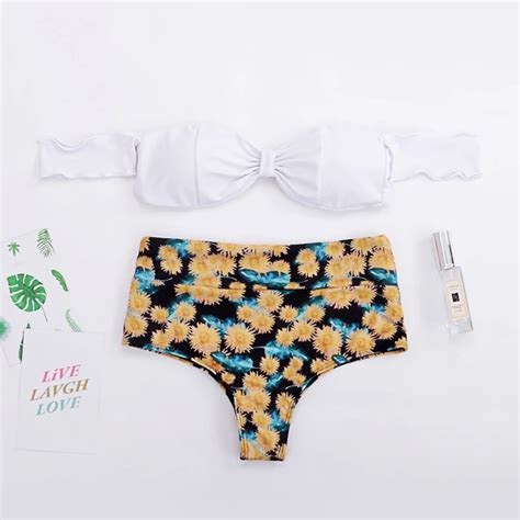 Bandeau Floral Bikini Set Con Manga Traje De Ba O Mujeres Alta Cintura