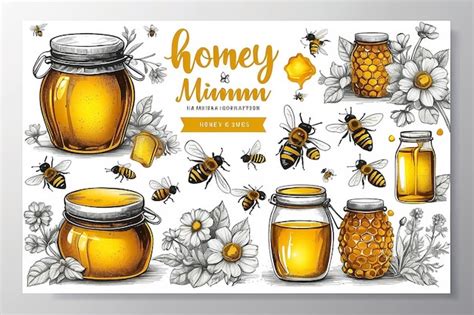 Premium Photo Honey Sketch Poster Honeycomb And Bees Flyer Set