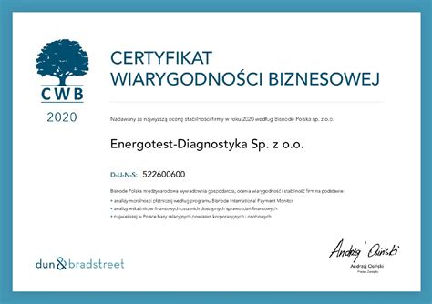 Certyfikat Wiarygodno Ci Biznesowej Energotest Diagnostyka Sp Z