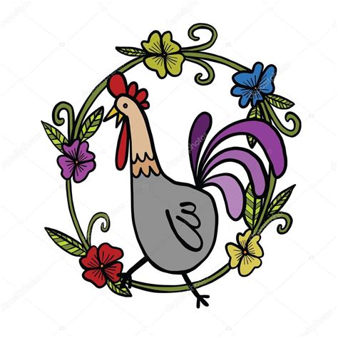 Rooster Drawing With Flower Frame Isolated Illustration — Stock Vector