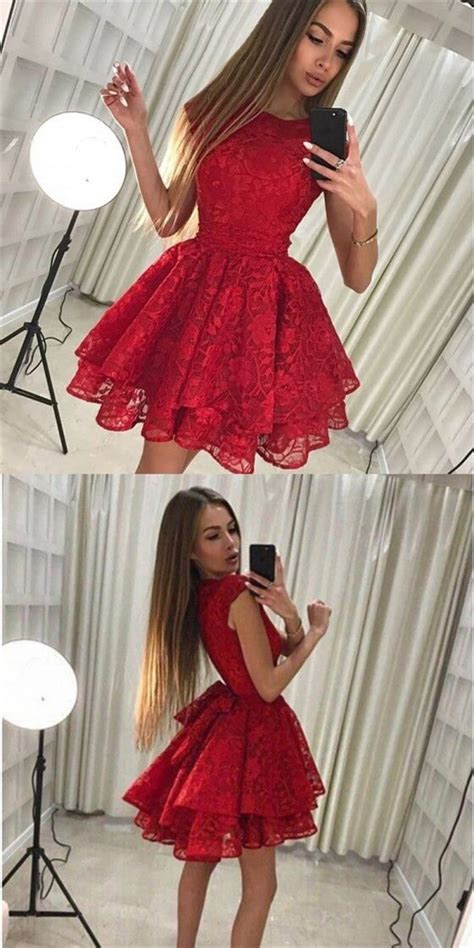 Red Cap Sleeve Lace Cheap Short Homecoming Dresses With Bow Knot