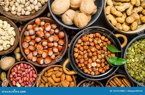 Assortment Of Different Nuts In Bowls Stock Photo Image Of Cashew