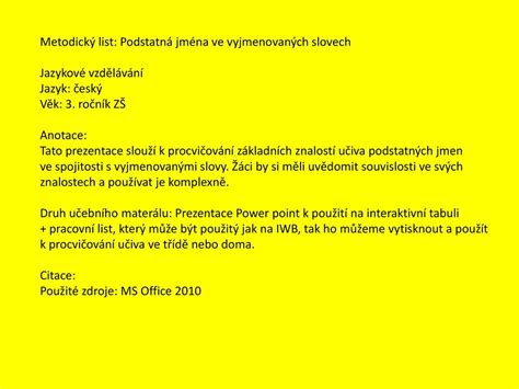 Metodick List Podstatn Jm Na Ve Vyjmenovan Ch Slovech Ppt St Hnout