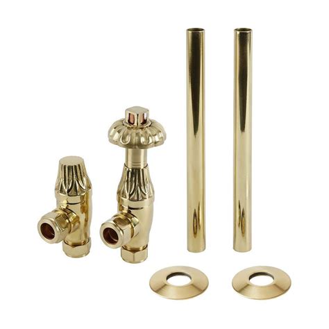 Milano Windsor Thermostatic Antique Style Angled Radiator Valve And Pipe Set Polished Brass