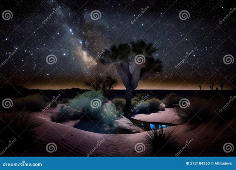 Oasis, with View of the Night Sky and Stars, Under a Starry Desert Sky ...