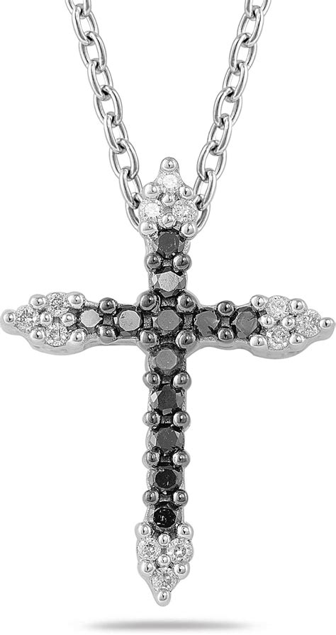 Sterling Silver Black And White Diamond Cross Pendant Necklace 1 10 Cttw I J Color