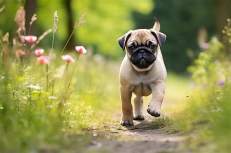 Premium Photo | Cute Pug Playing Outdoor And Copy Space