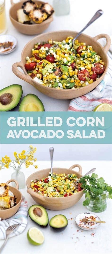 Grilled Corn And Avocado Salad In Bowls On A Table With Other Dishes