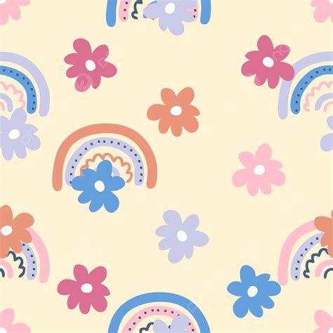 Boho Aesthetic Seamless Pattern With Flowers And Rainbows Background