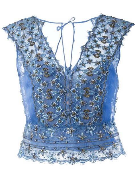 Alberta Ferretti Beaded Lace Top In Blue Modesens