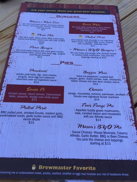 Menu At Masons Brewing Company Pub And Bar Brewer