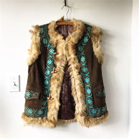 Vintage 70s Embroidered Ethnic Fur Vest , Suede Embroidered Gilet ...