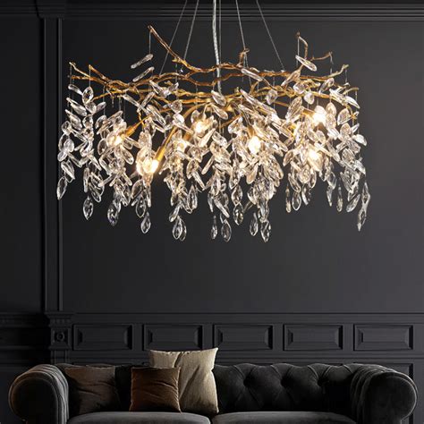 Modern Crystal Chandelier Tree Twig Branch Fringe Flower Rain Drops