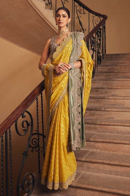 Buy Yellow Banaras Silk Embroidered Scalloped Border Saree With Blouse