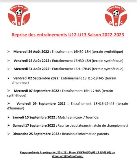 Programme de Reprise dentraînements Ecole de Foot Orvault Racing