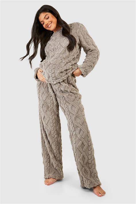 Maternity Cable Knit Fleece Lounge Wide Leg Trouser Boohoo Uk