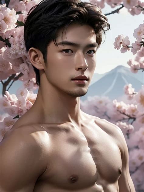 Naked Man Many Flower Petals On The Body Realistic Handsome Japanese