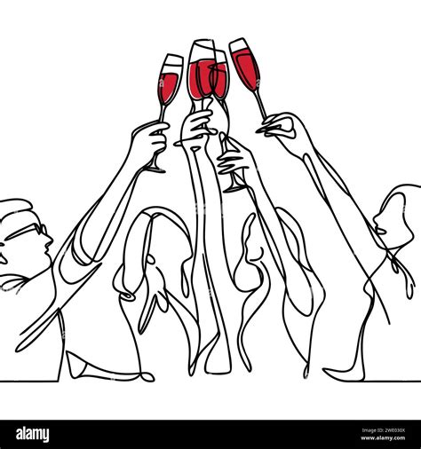 Hands Hold Glasses Of Wine One Line Is A Continuous Outline Of The