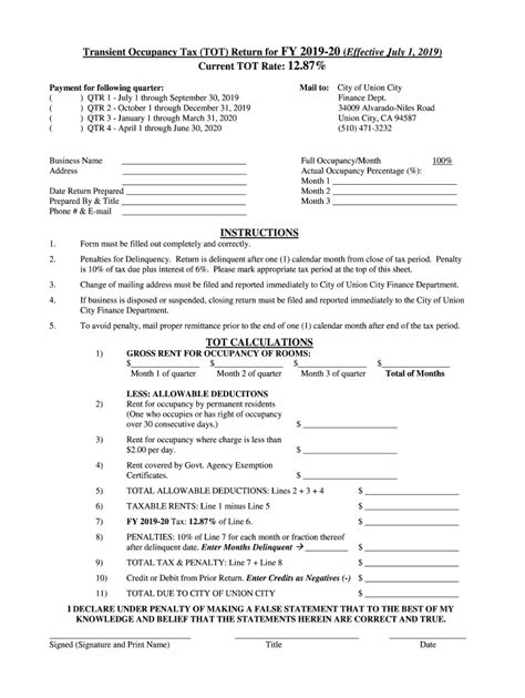 Fillable Online Transient Occupancy Tax Tot Return For Fy