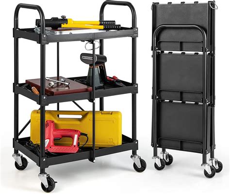 Folding Utility Cart 3 Tier Rolling Tool Cart With Universal Wheels