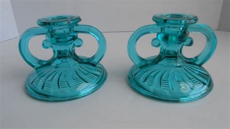 Vintage Teal Turquoise Glass Candle Holders Set Of Two Glass Candle Glass Candle Holders Glass