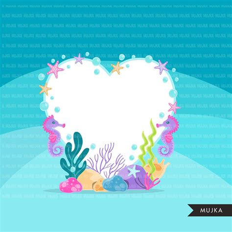 Mermaid Frames Clipart Underwater Marine Frame Pastel Rainbow Graphi