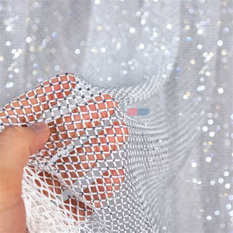 Sparkling Silver White Heavily Beaded Stretch Net OneYard