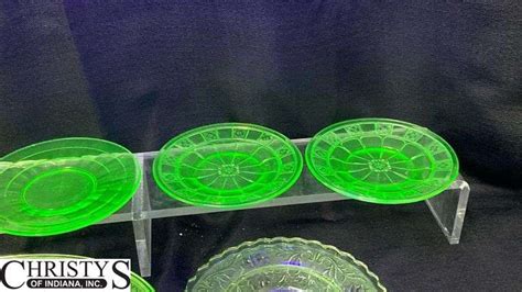 6 Pieces Of Green Depression Glass Uv Reactive Largest 12x9 Blue Bowl Some Chips Christys