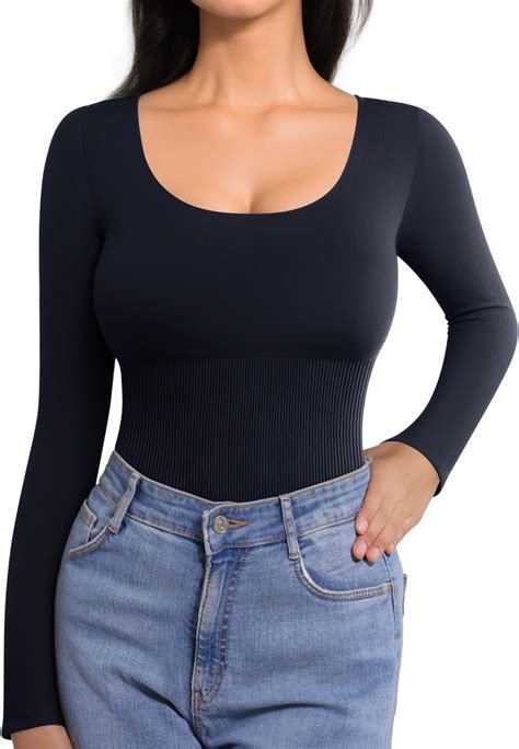 Mangopop Scoop Neck Long Sleeve Bodysuit For Women Ribbed Tummy Control