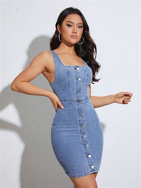 Shein Priv Button Through Bodycon Denim Dress Shein Usa