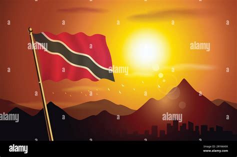 Trinidad And Tobago Flag With Sunset Background Of Mountains And Lakes