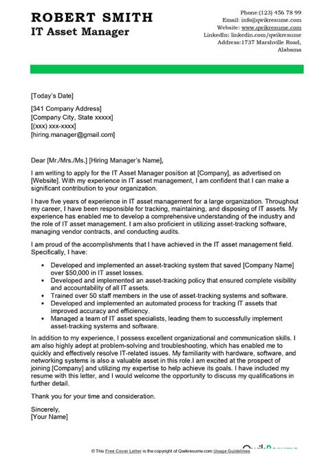 It Asset Manager Cover Letter Examples Qwikresume