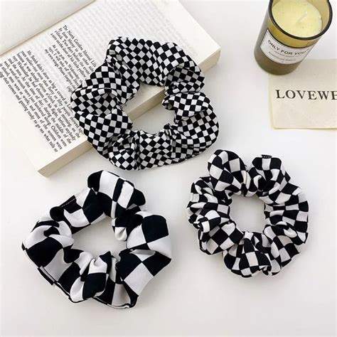 Popular Style White Black Checkerboard Pattern Hair Ring Rope Women