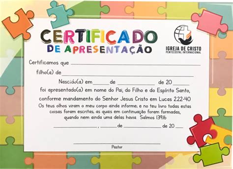 CERTIFICADO DE APRESENTAÇÃO DE CRIANÇA Loja ICPI