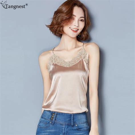 Tangnest 2017 Summer Sexy V Neck Lace Silk Camis Strap Tank Tops Pink