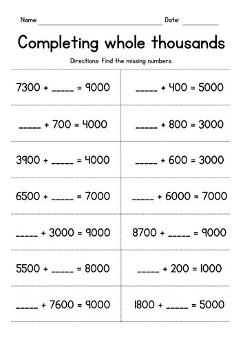 Completing Whole Thousands Addition Worksheets Teaching Resources